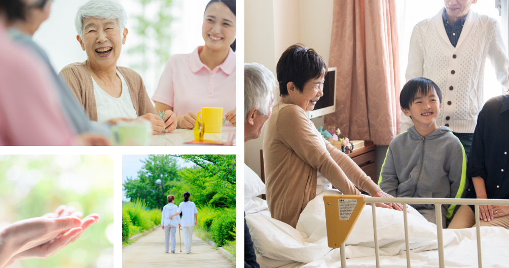 高齢者と介護士が笑顔で談笑する様子